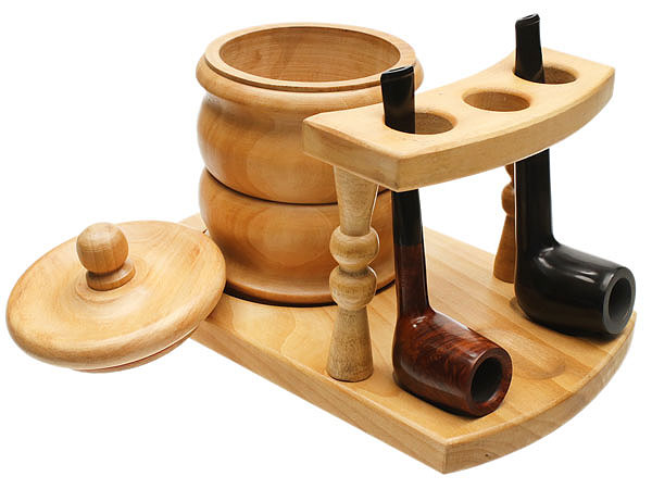 Three Pipe Stand with Tobacco Jar