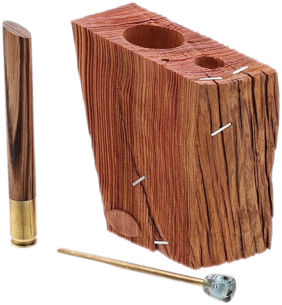 Stands & Pouches Bill Shalosky Pipe Cleaners Holder - Alaskan Yellow Cedar with Zebrawood Tamper and .45 Auto and Acrylic Blue Pick