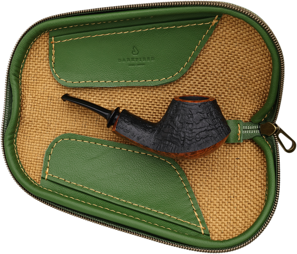 Stands & Pouches Dark Fired Leather Pipe Wallet - Seagrass and Gold