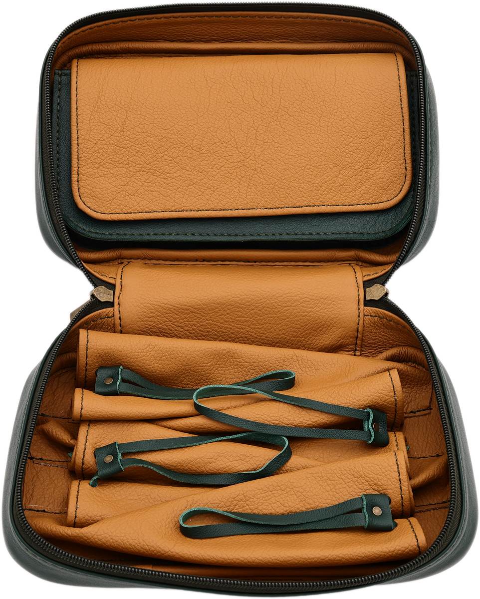 Stands & Pouches Dark Fired Leather 4-Pipe Bag Green