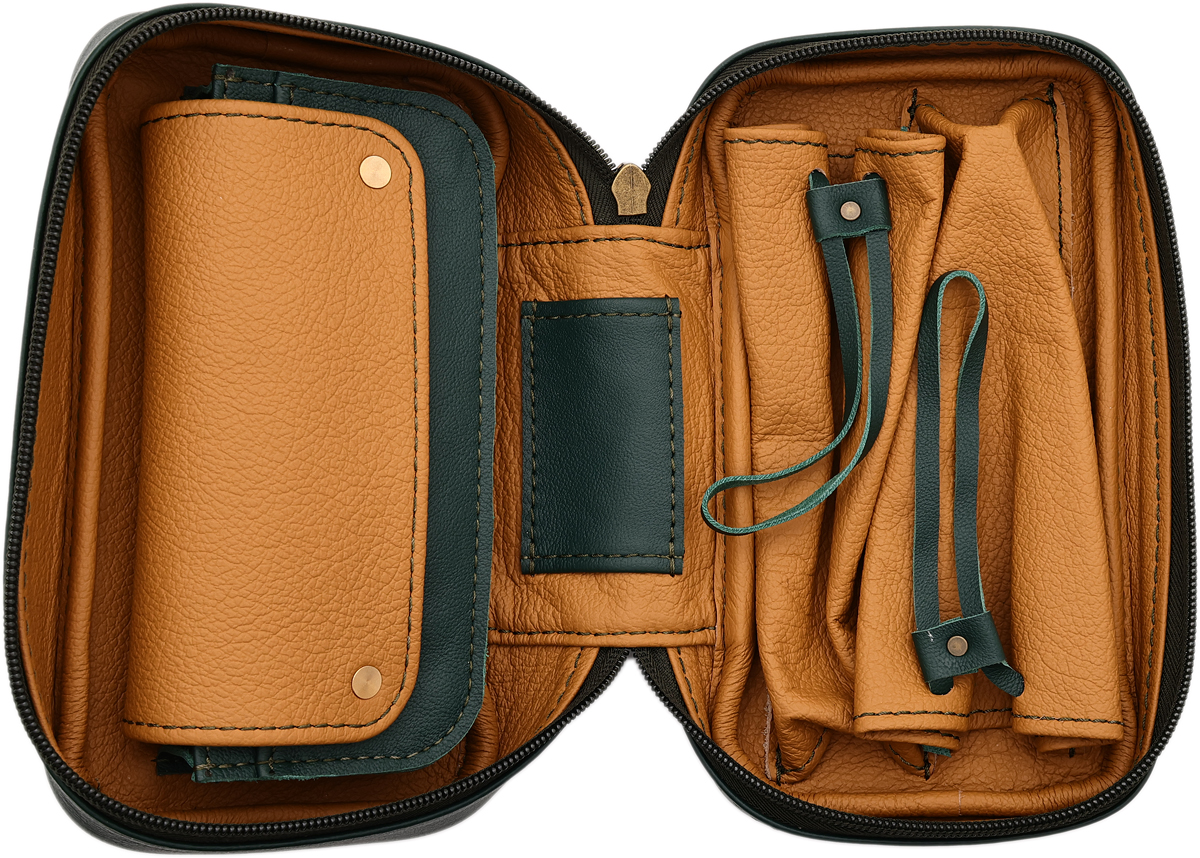 Stands & Pouches Dark Fired Leather 2-Pipe Bag Green