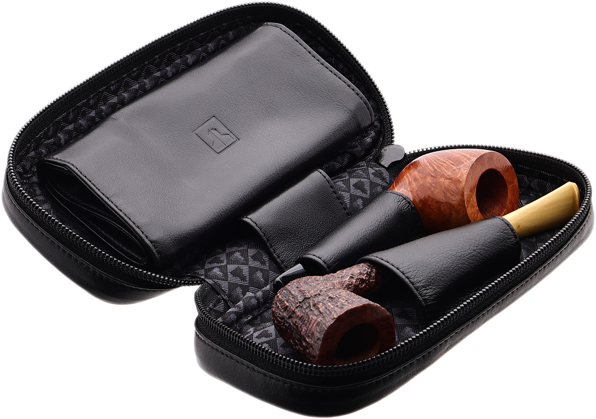Pipe Tools Castello Leather 2 Pipe Tobacco Pouch Black