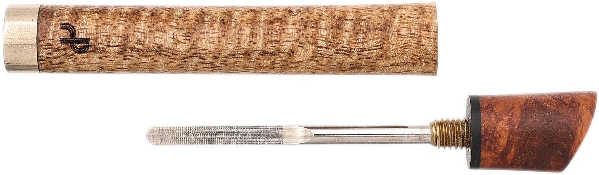 Tampers & Tools Bruno Nuttens Tamper - Curly White Teak with Brass, Gold Amboyna Burl, and Pick