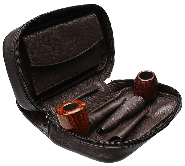 Stands & Pouches Smokingpipes Leather 3 Pipe Bag with Tobacco Pouch Dark Brown