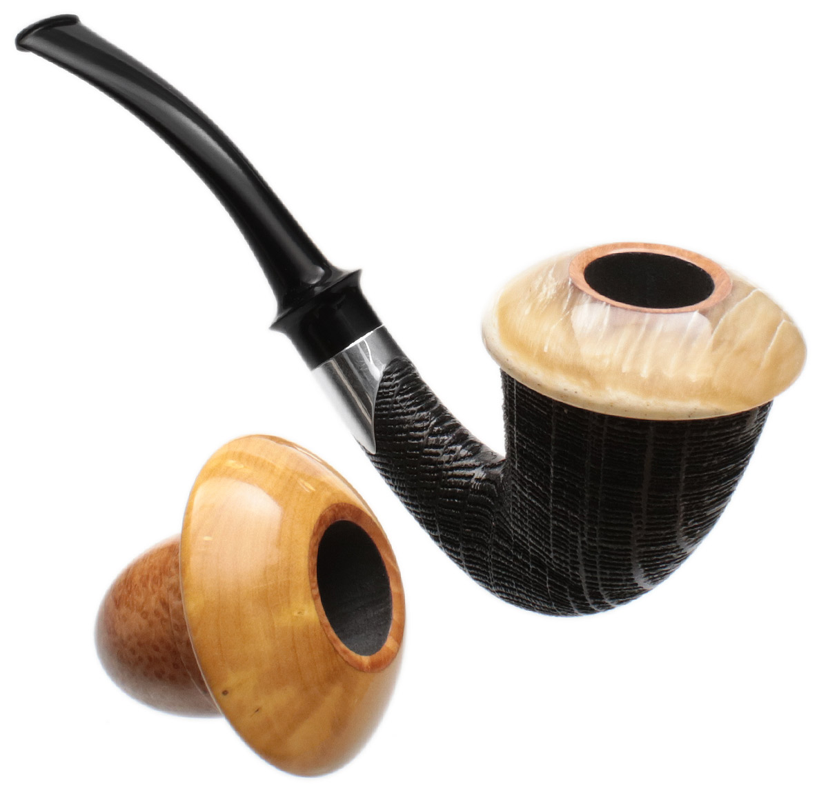 Tom Eltang Sandblasted Morta Calabash Set with Muskox Horn and Boxwood and Silver (Snail) (M)