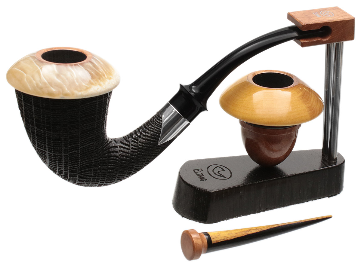 Tom Eltang Sandblasted Morta Calabash Set with Muskox Horn and Boxwood and Silver (Snail) (M)