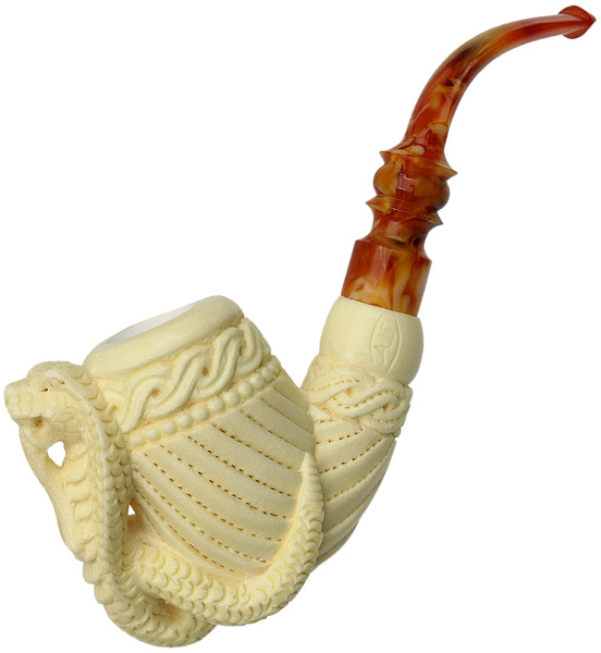 AKB Meerschaum Carved Bent Billiard with Cobra (with Case)