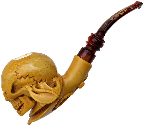 AKB Meerschaum Carved Skeleton with Anchor Through Head (with Case)
