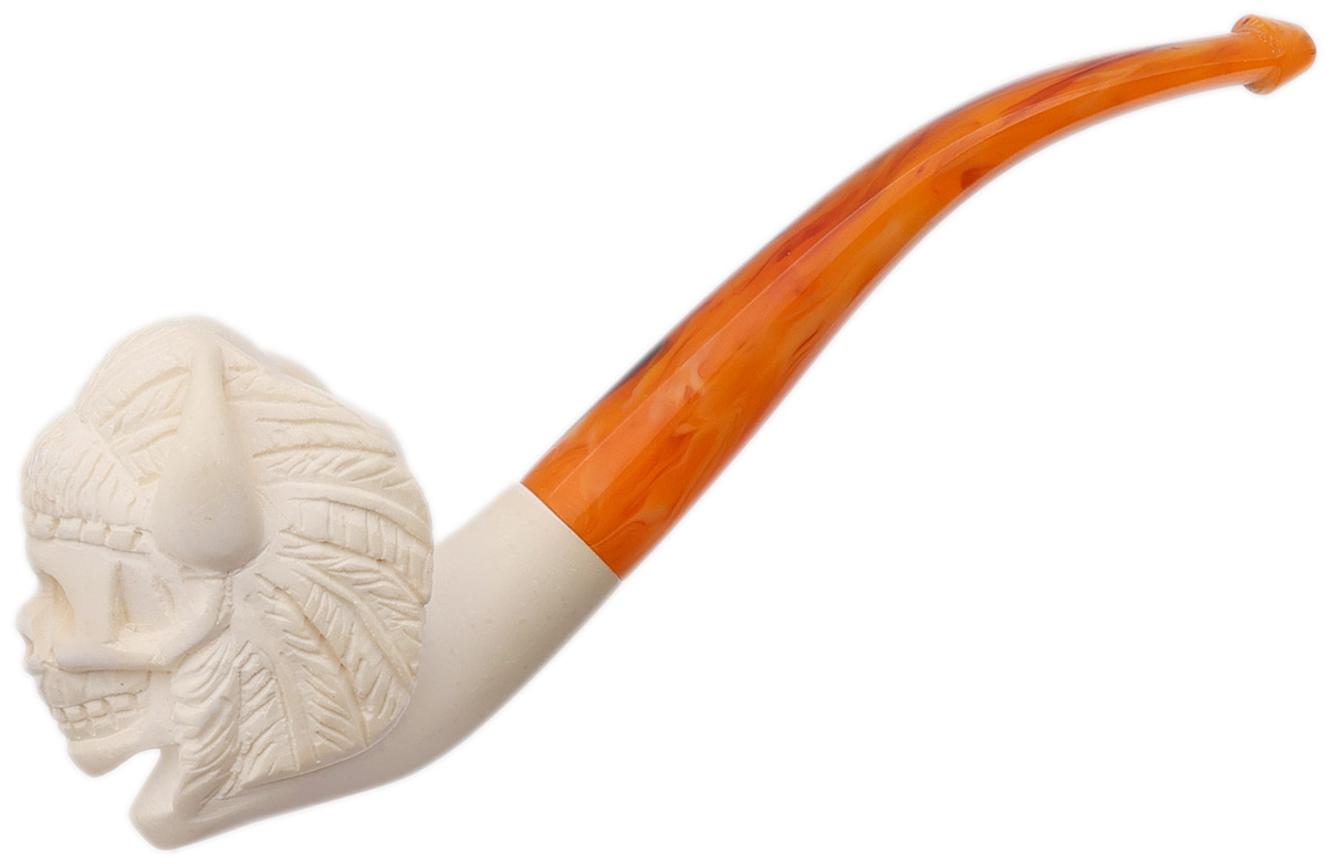 AKB Meerschaum Carved Native American Skull with Headdress (with Case)
