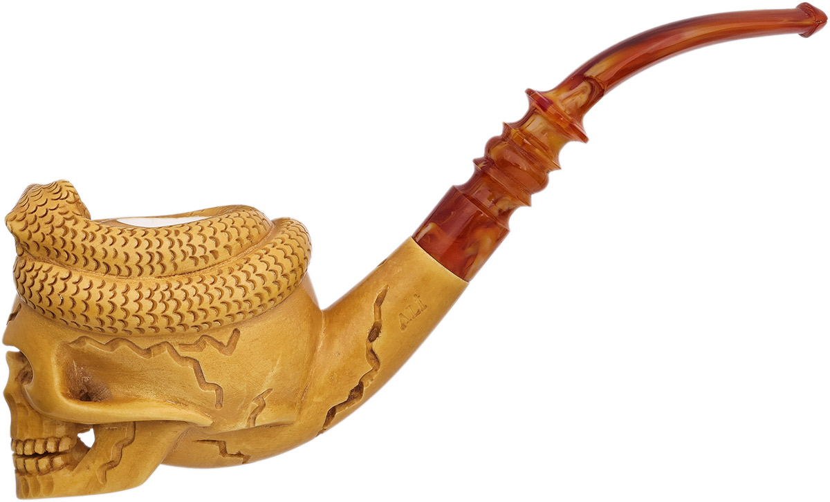 AKB Meerschaum Carved Skull and Snake (Ali) (with Case)