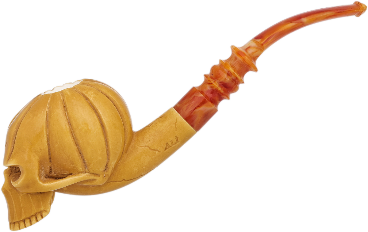 AKB Meerschaum Carved Skull Pumpkin Head (Ali) (with Case)