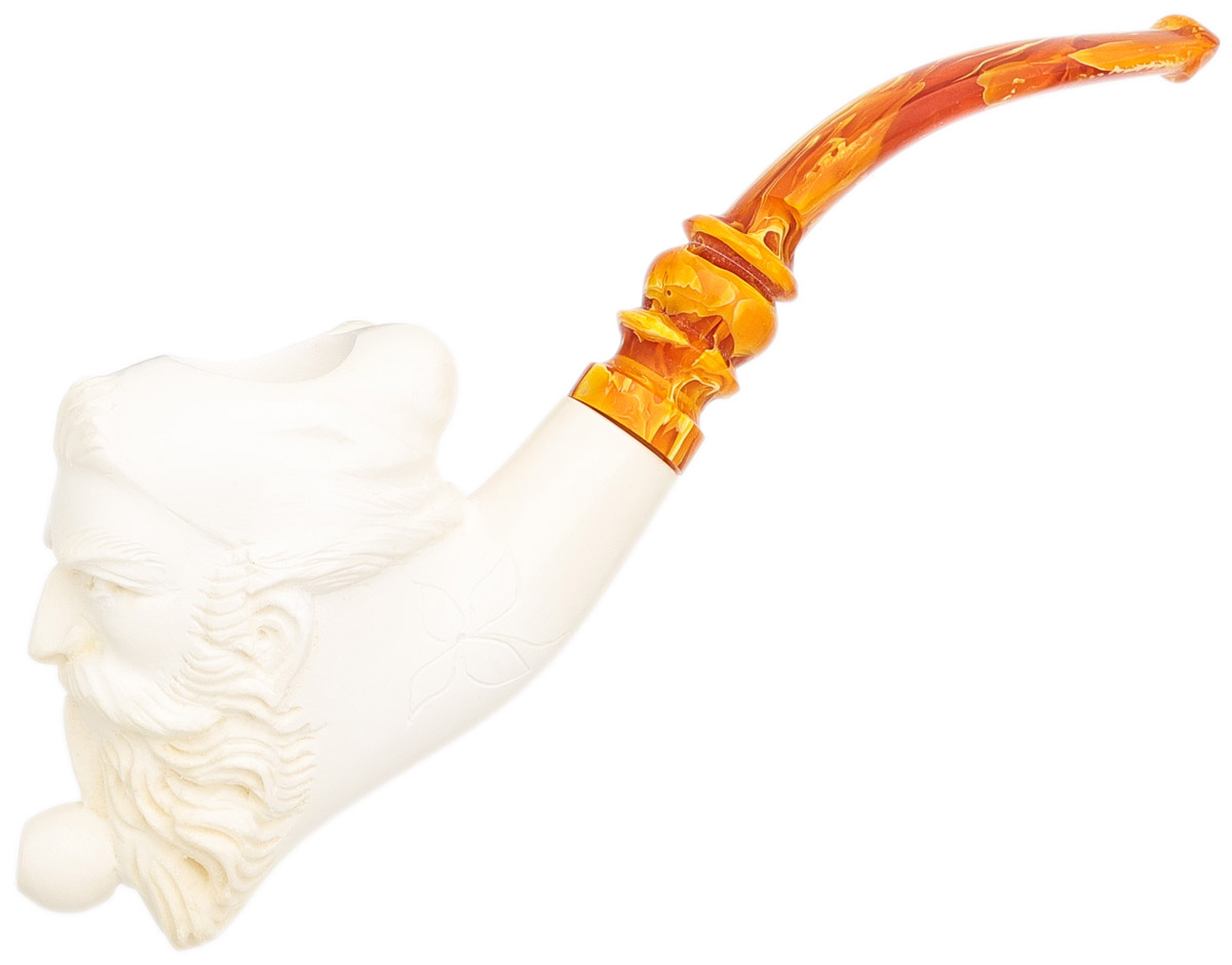 AKB Meerschaum Carved Bearded Man Wearing Nightcap Smoking PIpe (with Case)