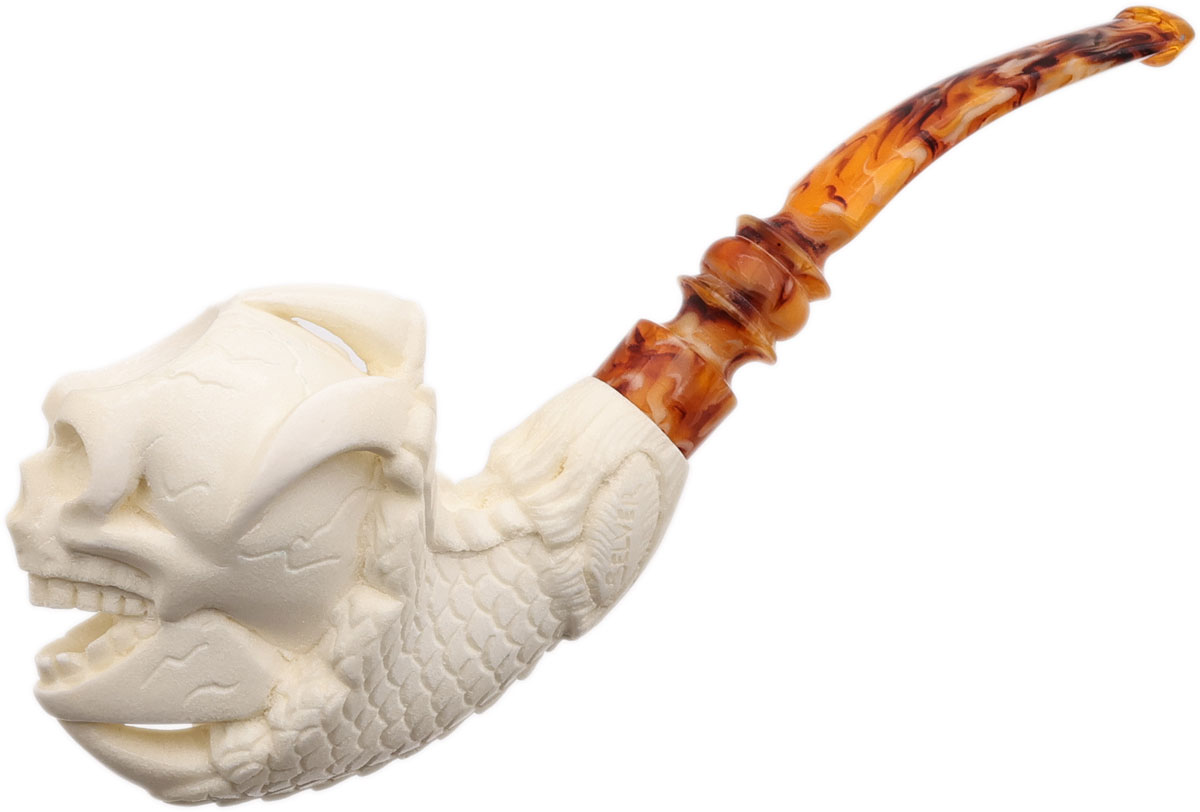 AKB Meerschaum Carved Dragon Claw Holding Skull (Selver) (with Case)
