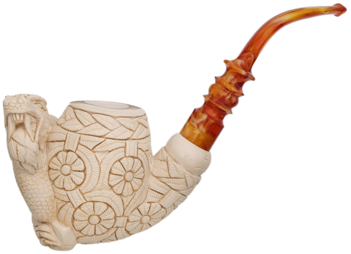 AKB Meerschaum Carved Dragon on Floral Egg (I. Baglan) (with Case)