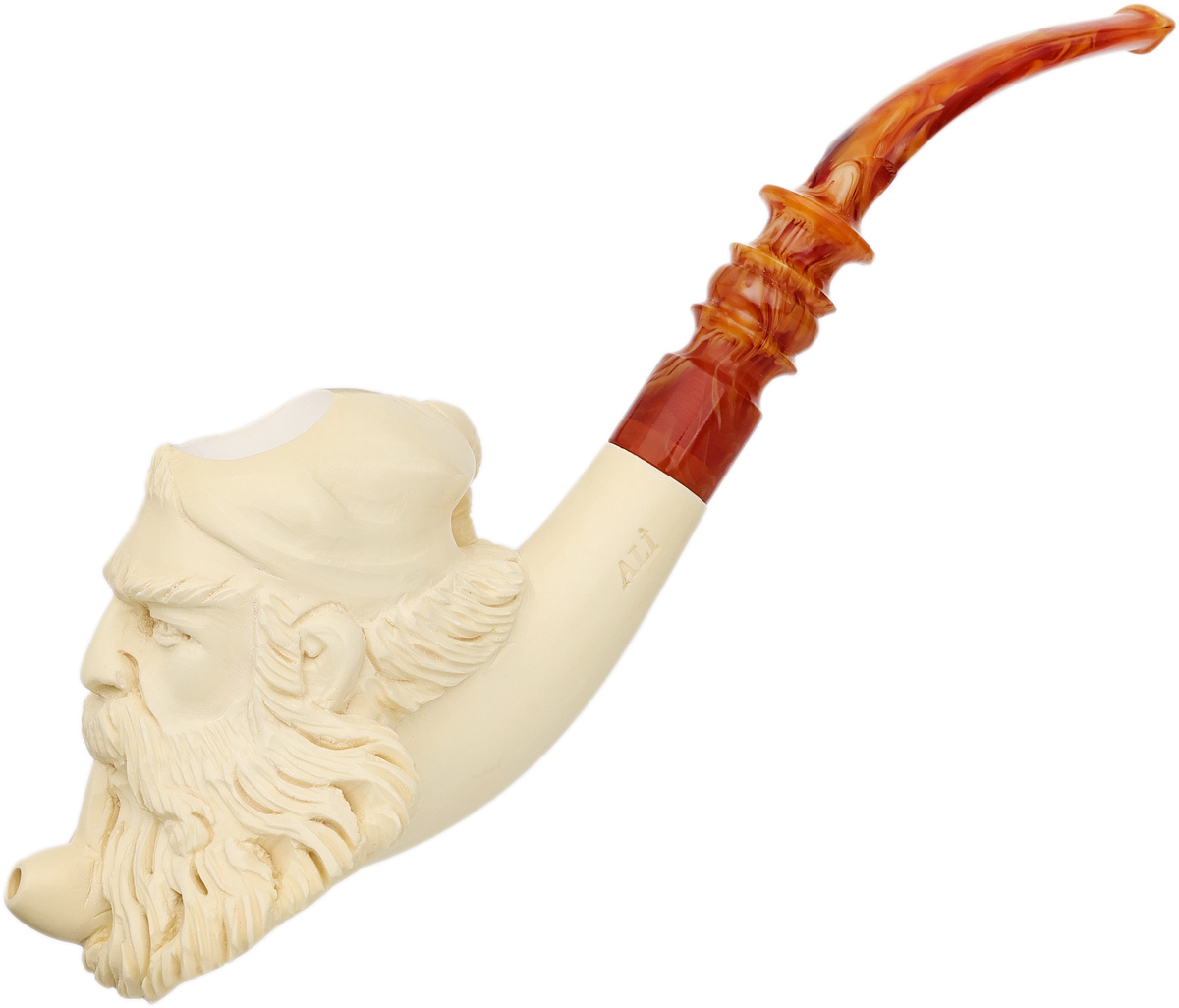 Carved Bearded Man with Smoking Pipe (Ali) (with Case) Tobacco Pipe