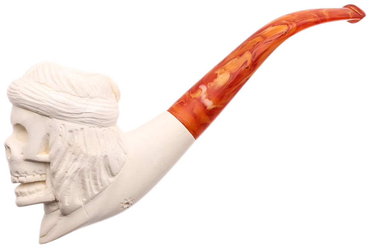 AKB Meerschaum Carved Skull with Feathered Headband (with Case)