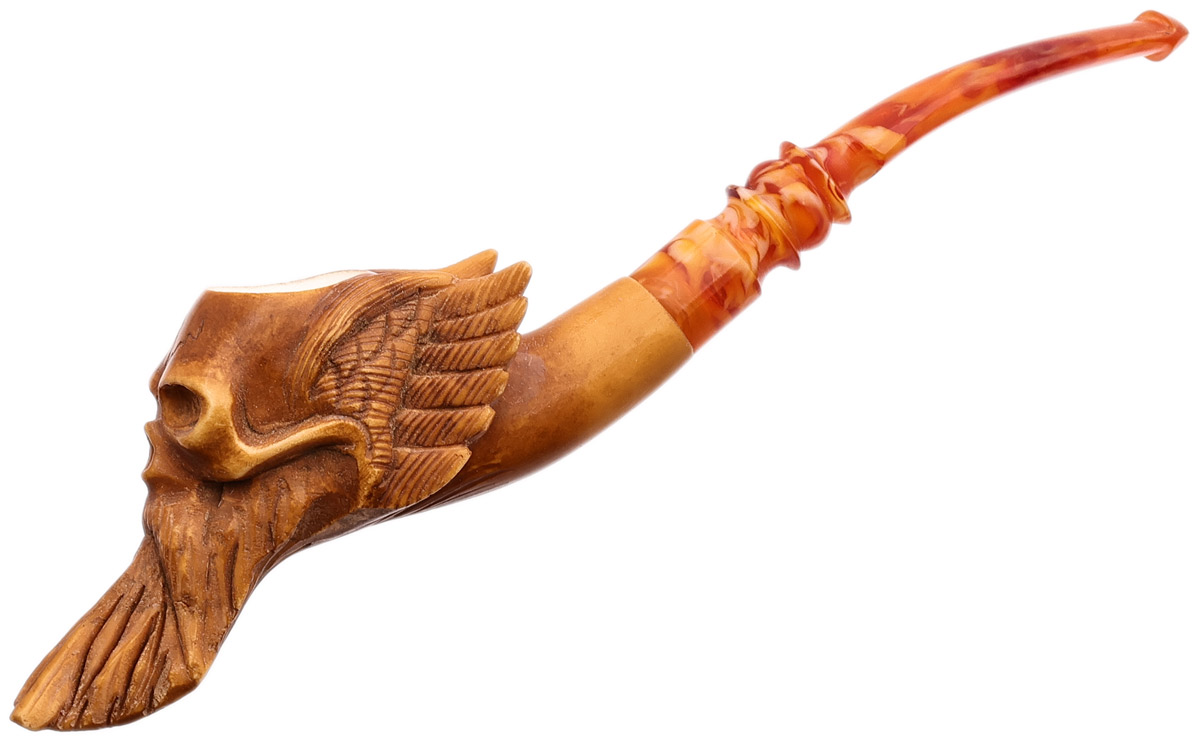 AKB Meerschaum Carved Bearded Skull with Wings (with Case)