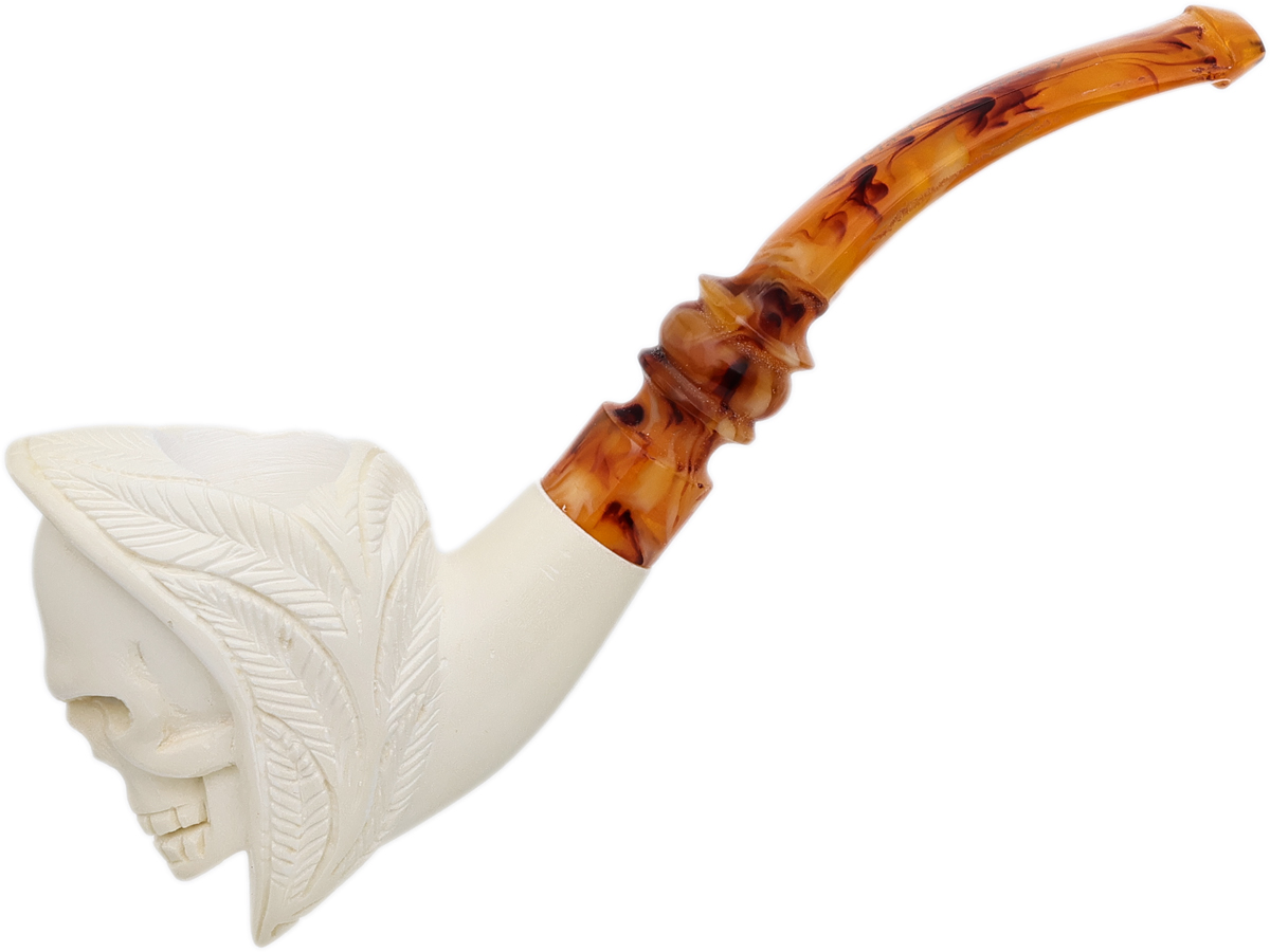 Carved Skull with Feathered Hood (with Case) Tobacco Pipe
