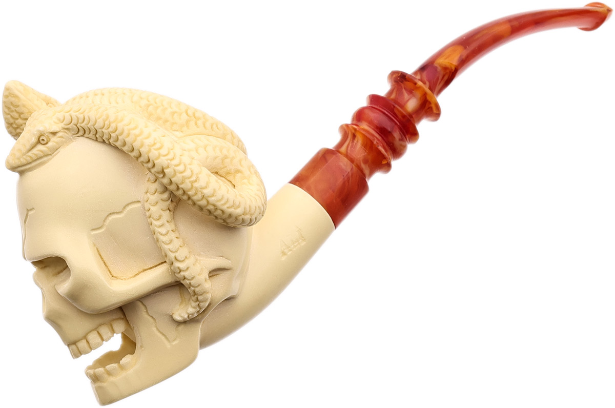 AKB Meerschaum Carved Skull with Snake (Ali) (With Case)