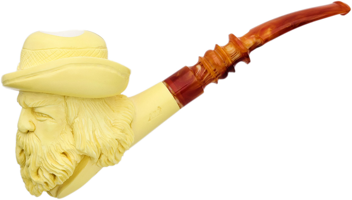 AKB Meerschaum Carved Bearded Man with Feathered Hat (Ali) (With Case)