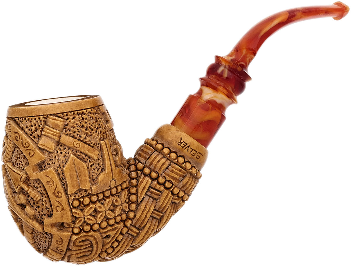 AKB Meerschaum Carved Masonic Bent Billiard (Selver) (with Case)
