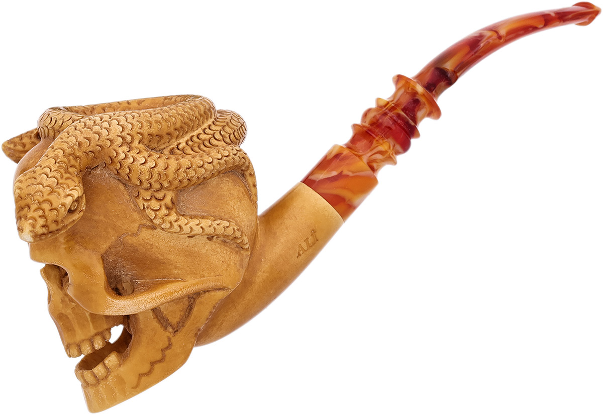 Carved Skull With Snakes (Ali) (with Case) Tobacco Pipe