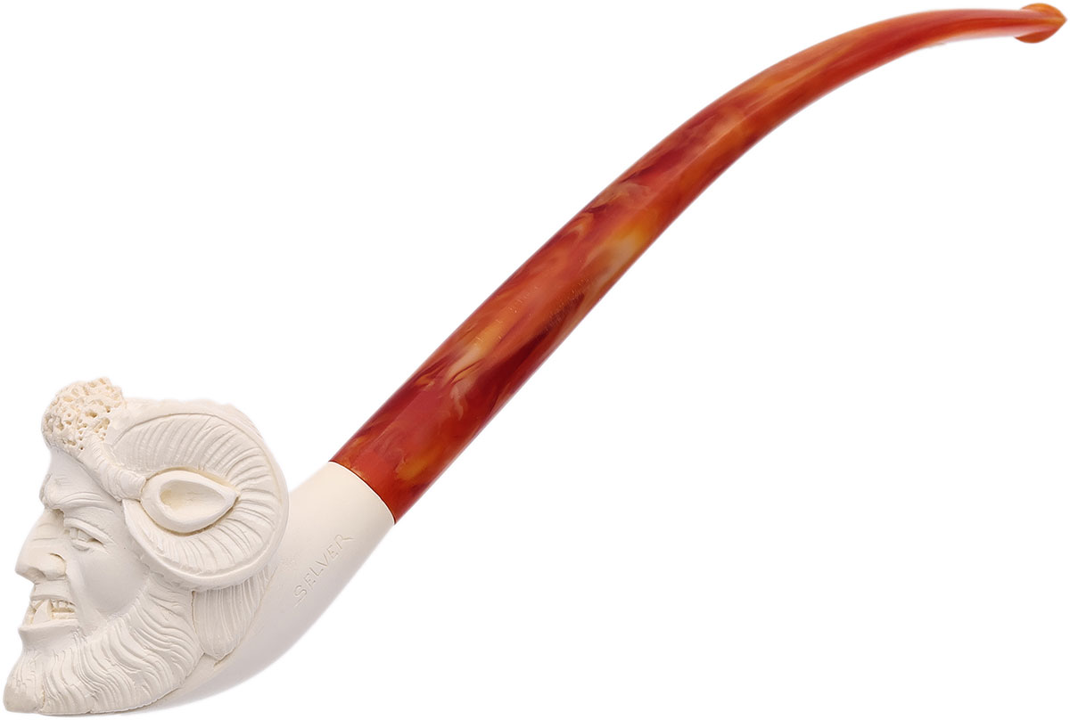 AKB Meerschaum Carved Bearded Man with Horns Churchwarden (Selver) (with Case & Extra Stem)