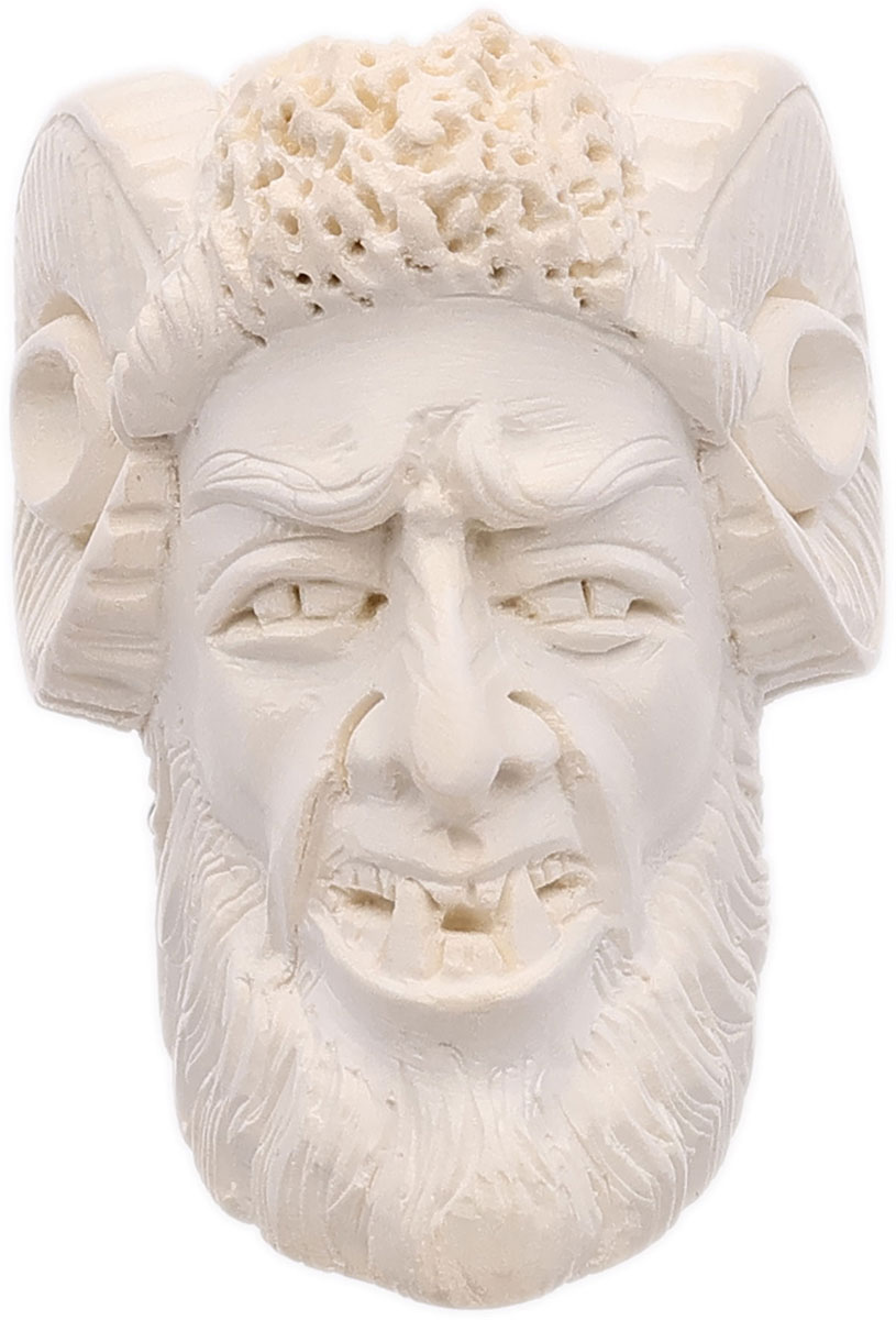 AKB Meerschaum Carved Bearded Man with Horns Churchwarden (Selver) (with Case & Extra Stem)