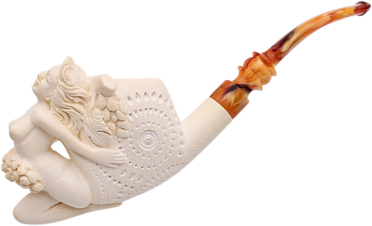 AKB Meerschaum Carved Nude Woman on Carved Bent Egg (Cevher) (with Case)