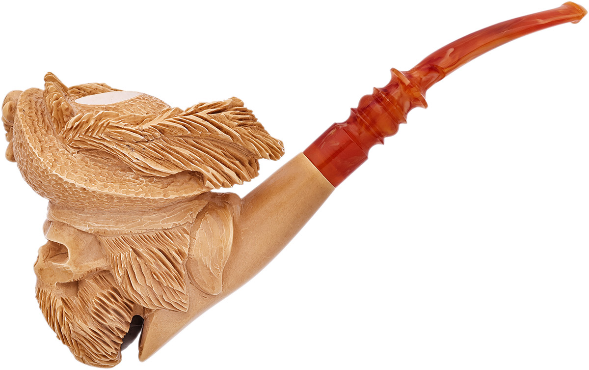 AKB Meerschaum Carved Bearded Pirate Skull with Cap (with Case)
