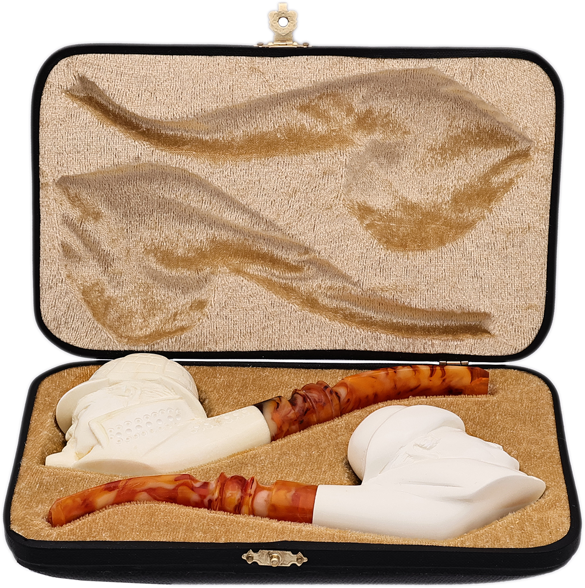AKB Meerschaum Sherlock Holmes and Watson Carved Two Pipe Set (with Case)