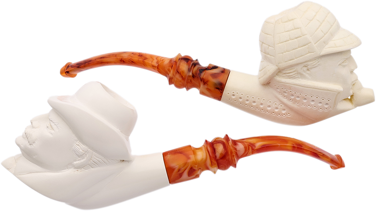 AKB Meerschaum Sherlock Holmes and Watson Carved Two Pipe Set (with Case)