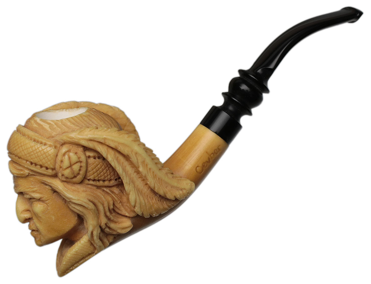 Carved Native American with Feather Headdress (Cevher) (with Case) Tobacco  Pipe