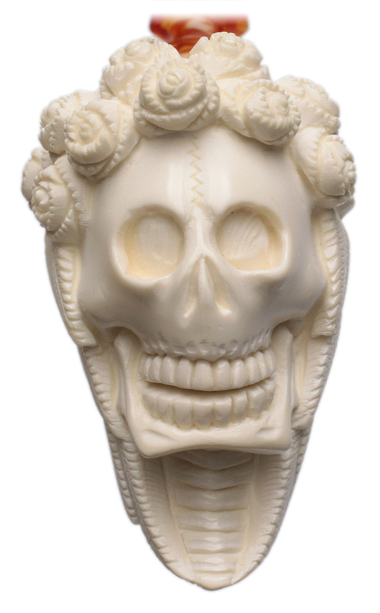 AKB Meerschaum Carved Skull with Floral Headdress (I. Baglan) (with Case)