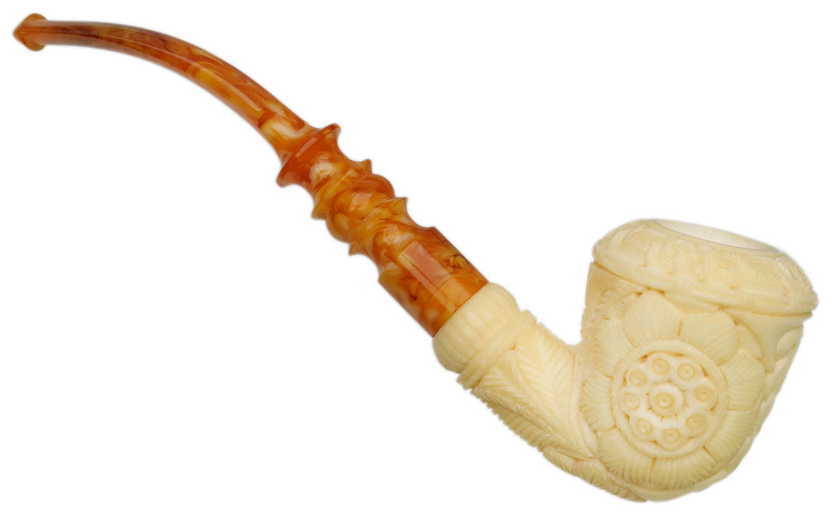 AKB Meerschaum Carved Floral Bent Dublin (H. Ege) (with Case)