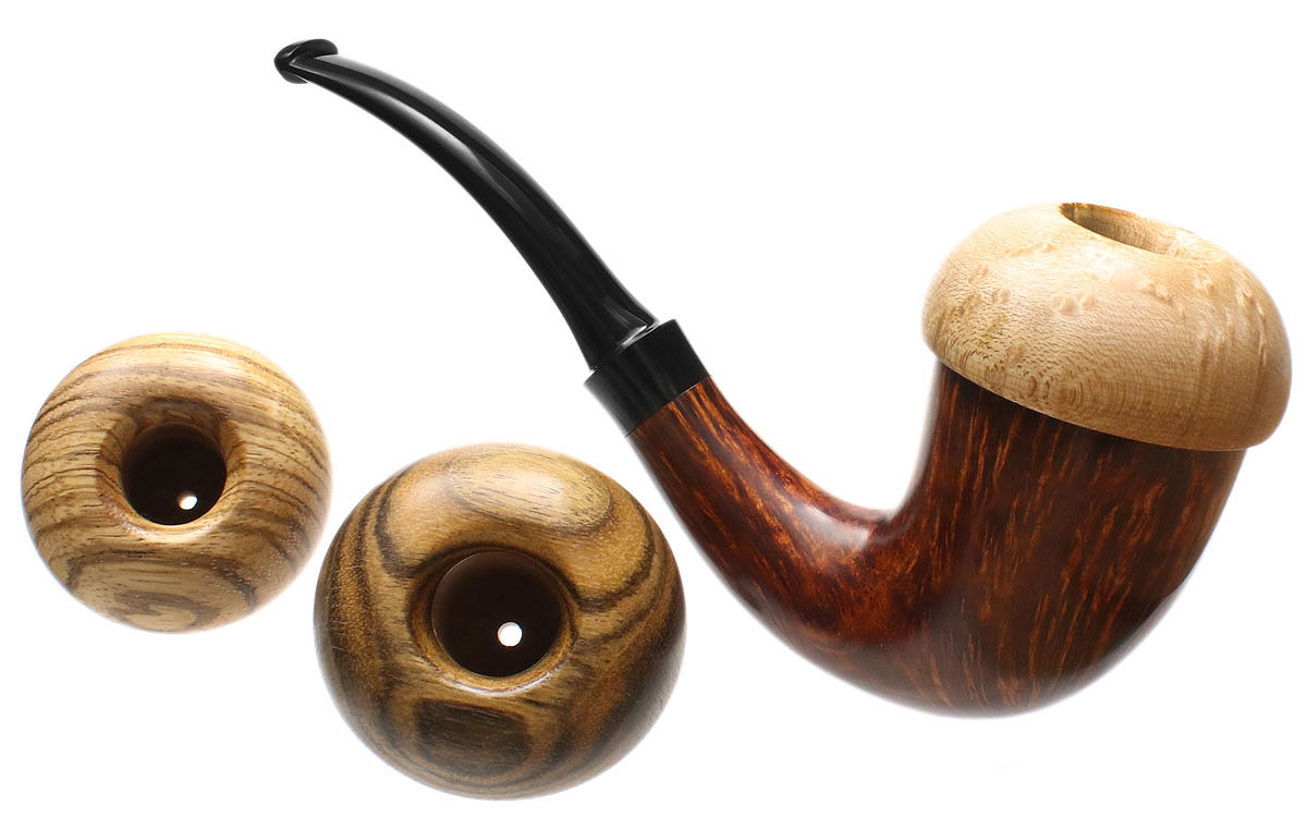 Scott Thile Smooth Calabash with Bocote, Zebrawood, and Maple (491) (with Tamper and Stand)