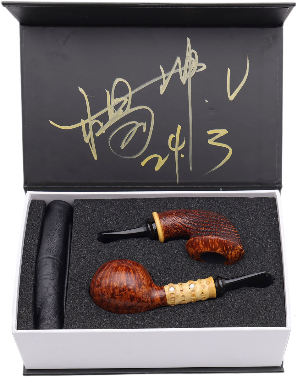 Yang Kun Two Pipe Set Smooth Tomato with Bamboo and Partially Sandblasted Bent Rhodesian with Boxwood (U24.3)