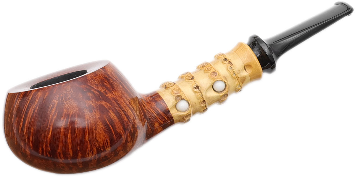 Yang Kun Two Pipe Set Smooth Tomato with Bamboo and Partially Sandblasted Bent Rhodesian with Boxwood (U24.3)