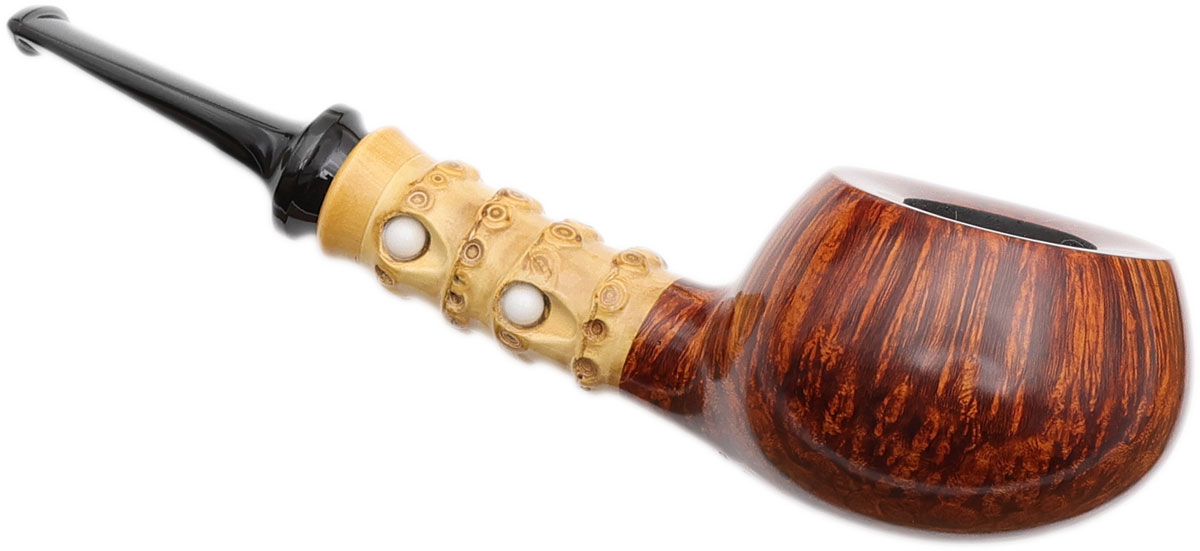 Yang Kun Two Pipe Set Smooth Tomato with Bamboo and Partially Sandblasted Bent Rhodesian with Boxwood (U24.3)