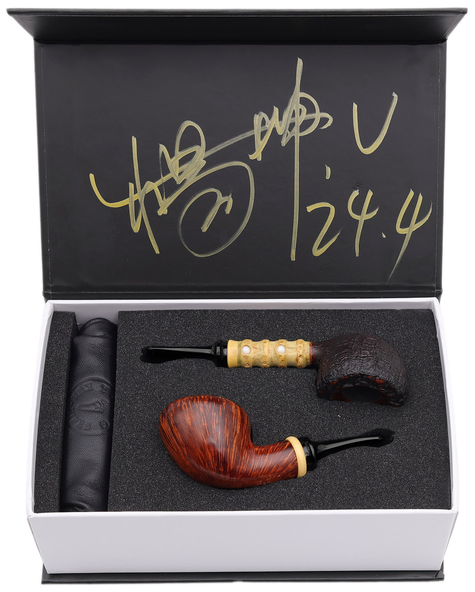 Yang Kun Two Pipe Set Smooth Acorn with Boxwood and Sandblasted Dublin with Bamboo (U24.4)