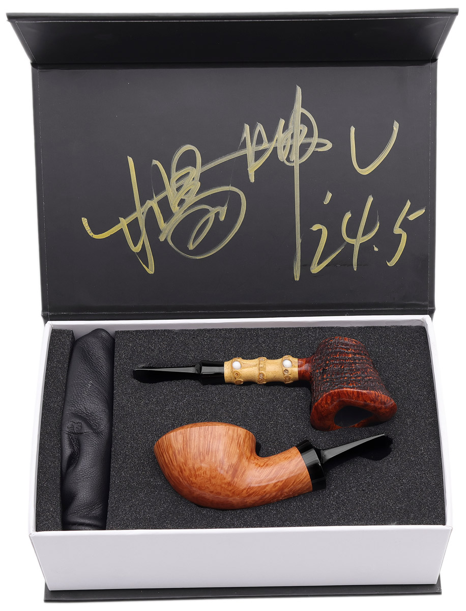 Yang Kun Two Pipe Set Smooth Rhodesian and Partially Sandblasted Dublin Sitter with Bamboo (U24.5) (2024)