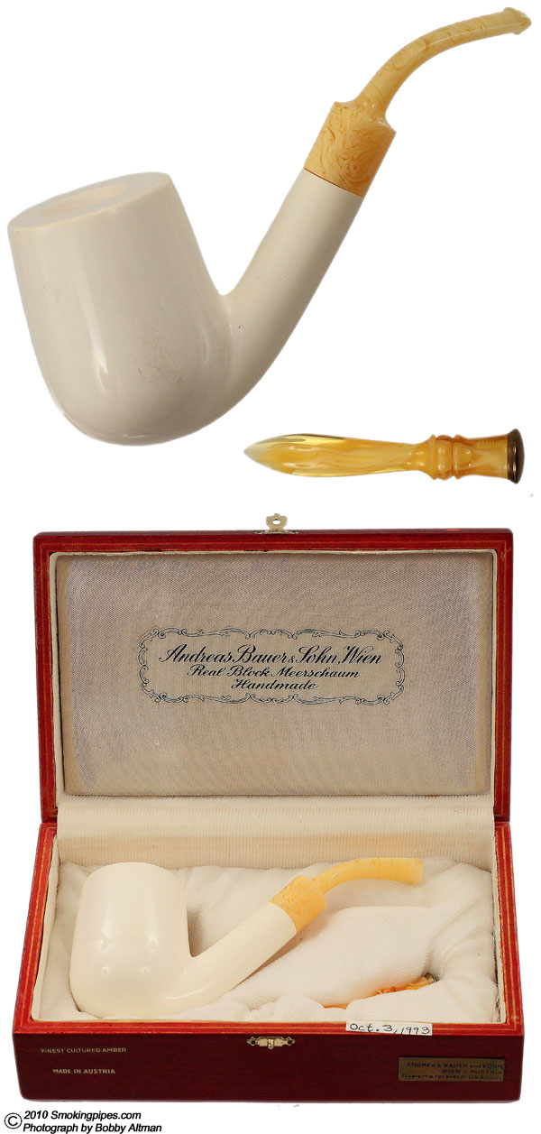 Misc. Estate Andreas Bauer Meerschaum Smooth Bent Billiard with Cultured Amber Stem and Tamper and Presentation Box (early 1990s) (Unsmoked)