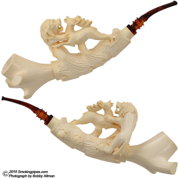Misc. Estate Meerschaum Giant Carved Lion & Deer (Unsmoked)