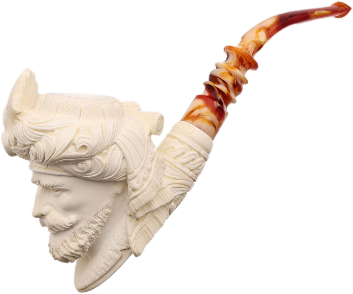 Turkish Estates Pipes Depot Meerschaum Bearded Man with Ornate Turban and Floral Details (Erdogan) (with Case) (Unsmoked)