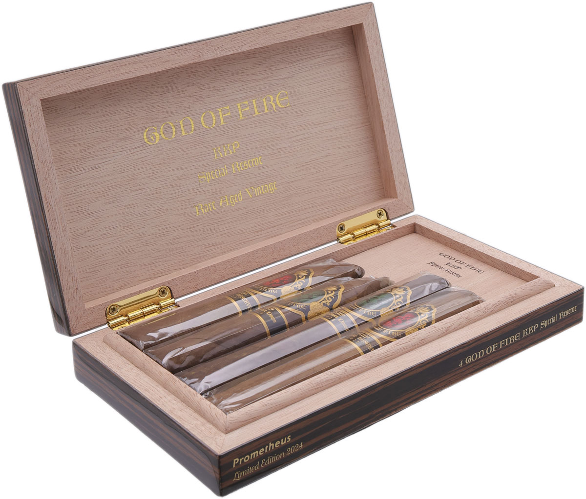 Sampler Packs God Of Fire KKP Special Reserve and Never Back Down Assortment (4 Cigars and Macassar Travel Humidor)