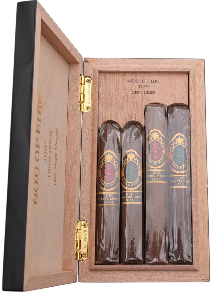 God Of Fire God Of Fire KKP Special Reserve and Never Back Down Assortment (4 Cigars and Black Travel Humidor)