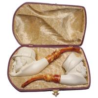AKB Meerschaum Carved Sherlock Holmes & Watson Two Pipe Set (S. Cosgun) (with Case)