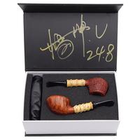 Yang Kun Two Pipe Set Smooth Bent Dublin with Bamboo and Partially Sandblasted Bent Brandy with Bamboo (U24.8)